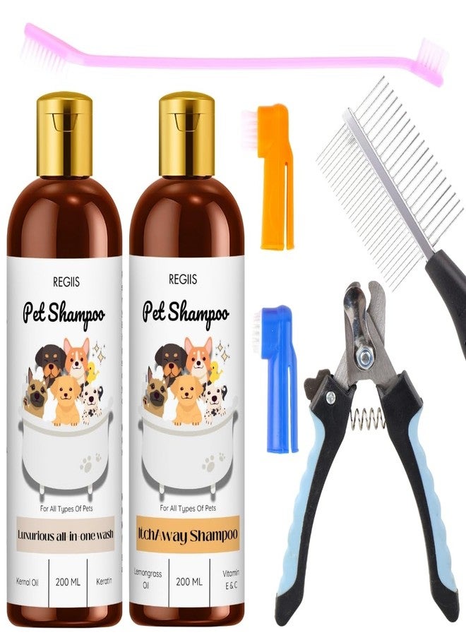 مجموعة ريجيس للعناية بالحيوانات الأليفة مع مجموعة شامبو للكلاب، 200 مل تركيبة متكاملة للغسل وإزالة الحكة، تتضمن فرشاة ومشط (عبوة من 5 قطع) - Image 1